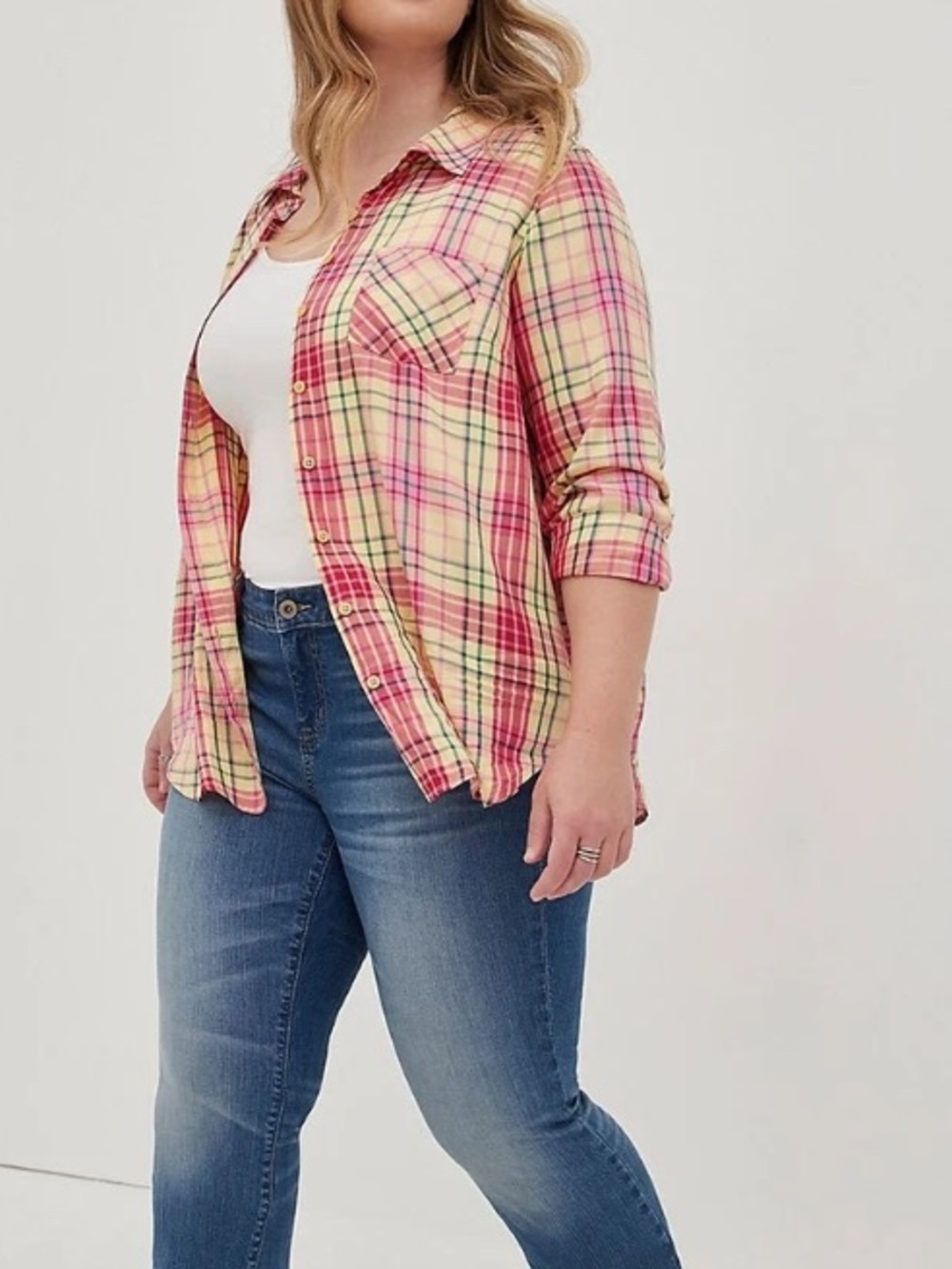 Torrid Lizzie Button Up Yellow & Pink Plaid Top Casual Long Sleeve Plus Size 4X